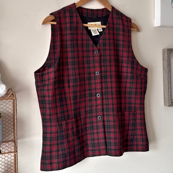Eddie Bauer 90s Vintage Red Black Green Plaid Wool Vest Fully Lined Size Large - Picture 4 of 12